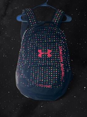 Under Armour Black Backpack with Multicolor Polka Dots and Pink Logo